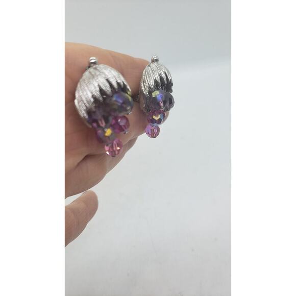 Vintage Earrings Purple Waterfall Clip On Schrager Aurora Borealis Bead Dangle - Picture 4 of 13